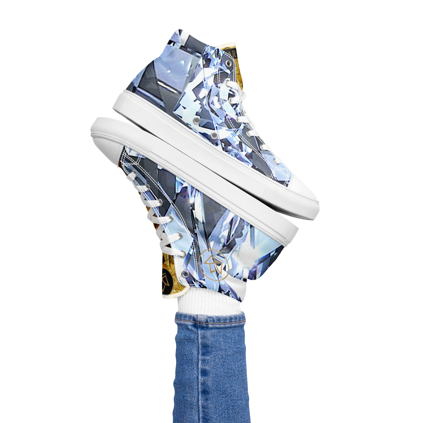 womens limited crystal diamond and gold high top canvas Sneakers with a exclusive, rare and luxury all over printed special diamond & gold color design made by absolut paradiso og, urban art streetwear fashion, phygitals an lifestyle brand. 