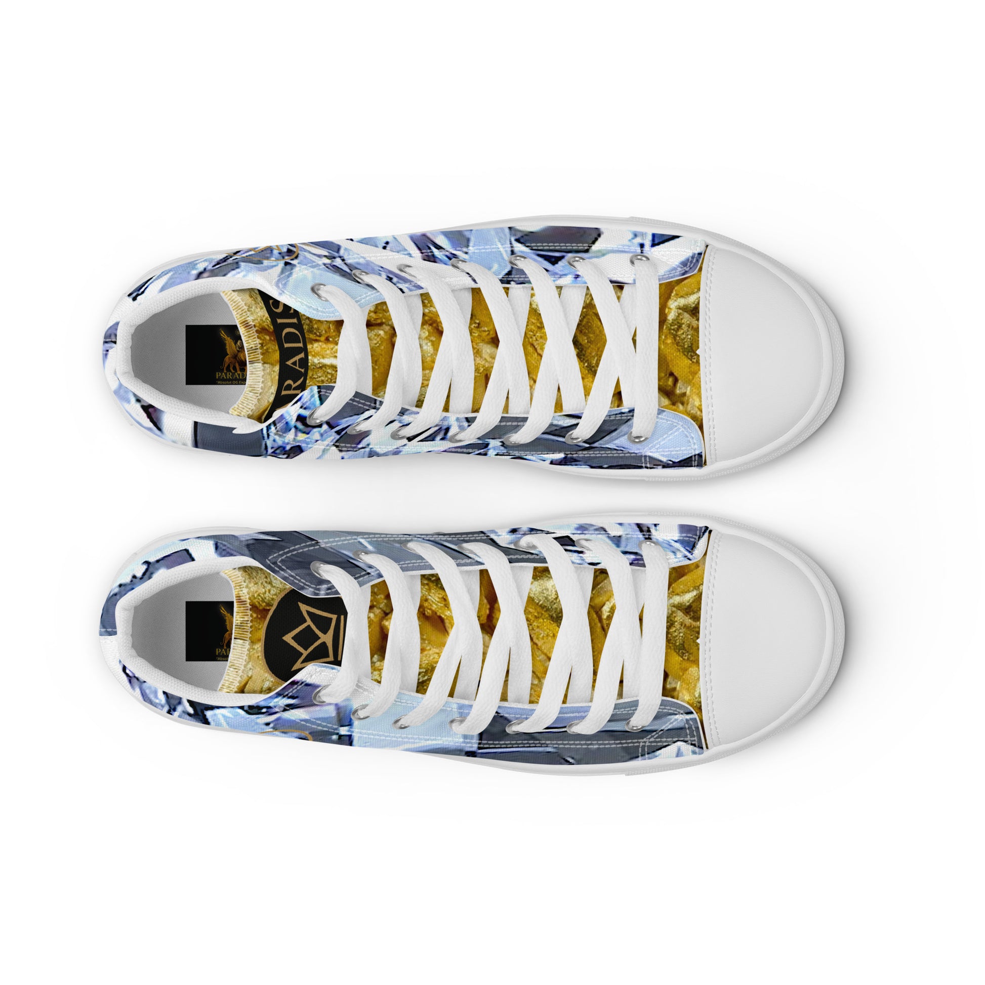 womens limited crystal diamond and gold high top canvas Sneakers with a exclusive, rare and luxury all over printed special diamond & gold color design made by absolut paradiso og, urban art streetwear fashion, phygitals an lifestyle brand. 