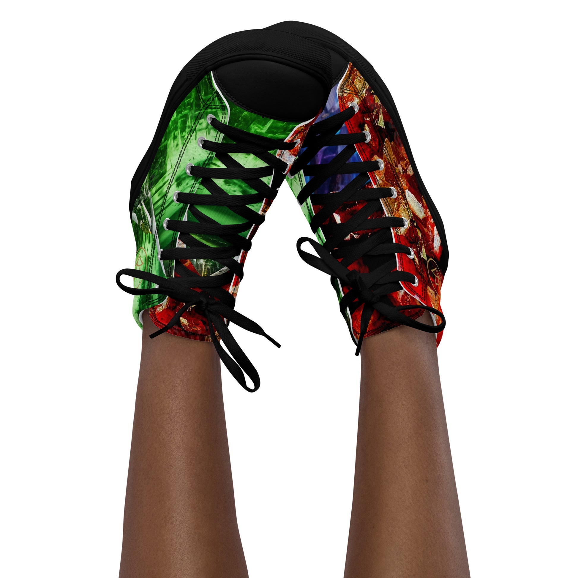 womens limited crystal high top canvas Sneakers with a  exclusive, rare and luxury all over printed color design in, red proustit, green sapphire and blue zircon crystal art-design made by absolut paradiso og, urban art streetwear fashion, phygitals an lifestyle brand. 
