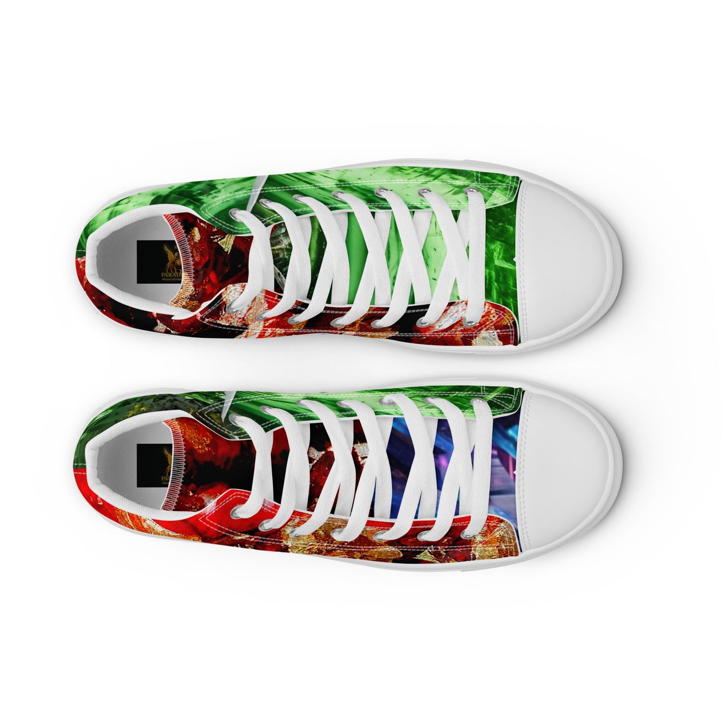womens limited crystal high top canvas Sneakers with a  exclusive, rare and luxury all over printed color design in, red proustit, green sapphire and blue zircon crystal art-design made by absolut paradiso og, urban art streetwear fashion, phygitals an lifestyle brand. 


