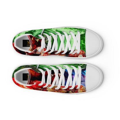 womens limited crystal high top canvas Sneakers with a  exclusive, rare and luxury all over printed color design in, red proustit, green sapphire and blue zircon crystal art-design made by absolut paradiso og, urban art streetwear fashion, phygitals an lifestyle brand. 

