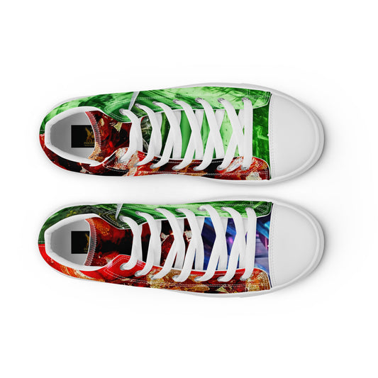 womens limited crystal high top canvas Sneakers with a  exclusive, rare and luxury all over printed color design in, red proustit, green sapphire and blue zircon crystal art-design made by absolut paradiso og, urban art streetwear fashion, phygitals an lifestyle brand. 

