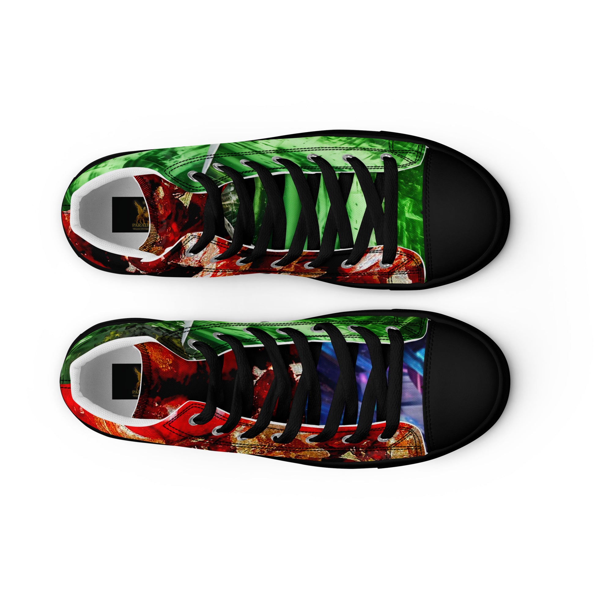 womens limited crystal high top canvas Sneakers with a  exclusive, rare and luxury all over printed color design in, red proustit, green sapphire and blue zircon crystal art-design made by absolut paradiso og, urban art streetwear fashion, phygitals an lifestyle brand. 

